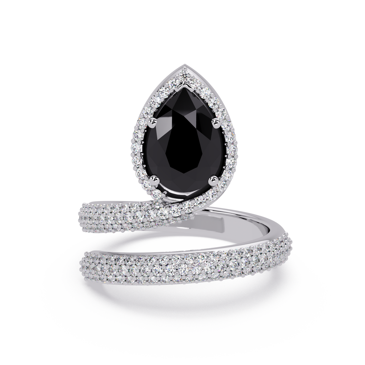 1.8 CTW Pear Halo Pavé Wrap Colorstone Ring with Onyx stone in 14K White Gold – Lunéa Paris