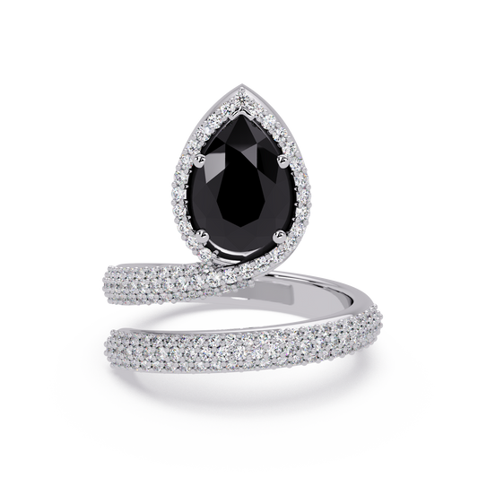 1.8 CTW Pear Halo Pavé Wrap Colorstone Ring with Onyx stone in 14K White Gold – Lunéa Paris
