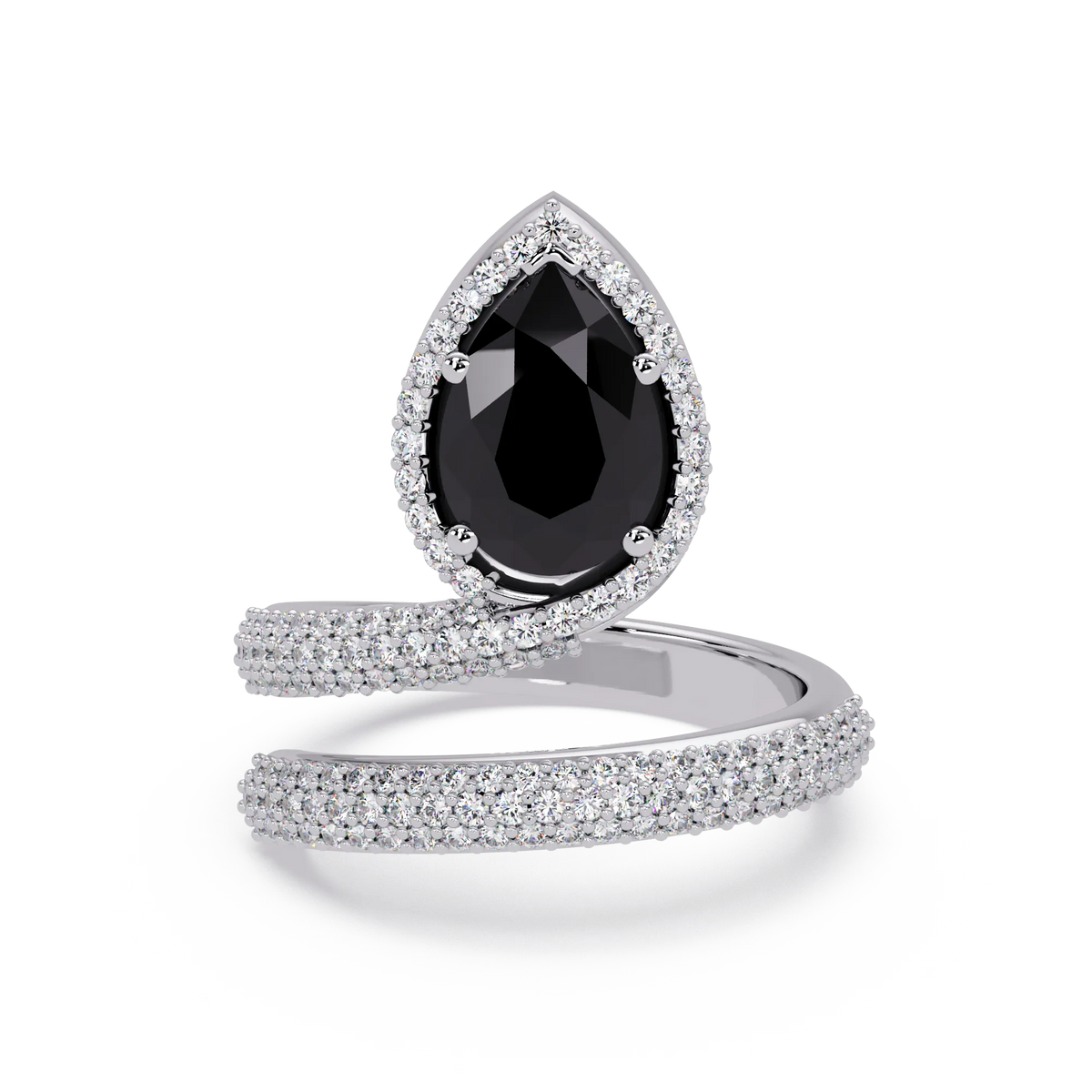 1.8 CTW Pear Halo Pavé Wrap Colorstone Ring with Onyx stone in 14K White Gold – Lunéa Paris