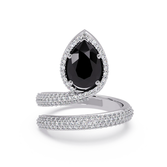 1.8 CTW Pear Halo Pavé Wrap Colorstone Ring with Onyx stone in 14K White Gold – Lunéa Paris