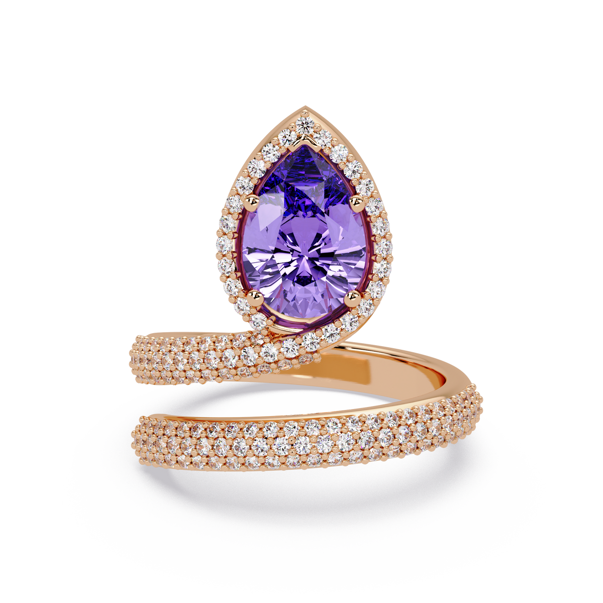 1.8 CTW Pear Halo Pavé Wrap Colorstone Ring with Amethyst Purple stone in 14K Rose Gold – Lunéa Paris