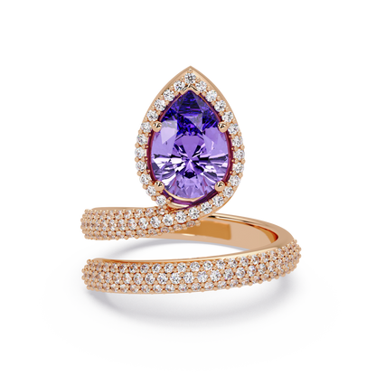 1.8 CTW Pear Halo Pavé Wrap Colorstone Ring with Amethyst Purple stone in 14K Rose Gold – Lunéa Paris