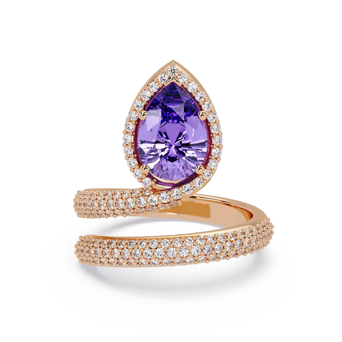 1.8 CTW Pear Halo Pavé Wrap Colorstone Ring with Amethyst Purple stone in 14K Rose Gold – Lunéa Paris