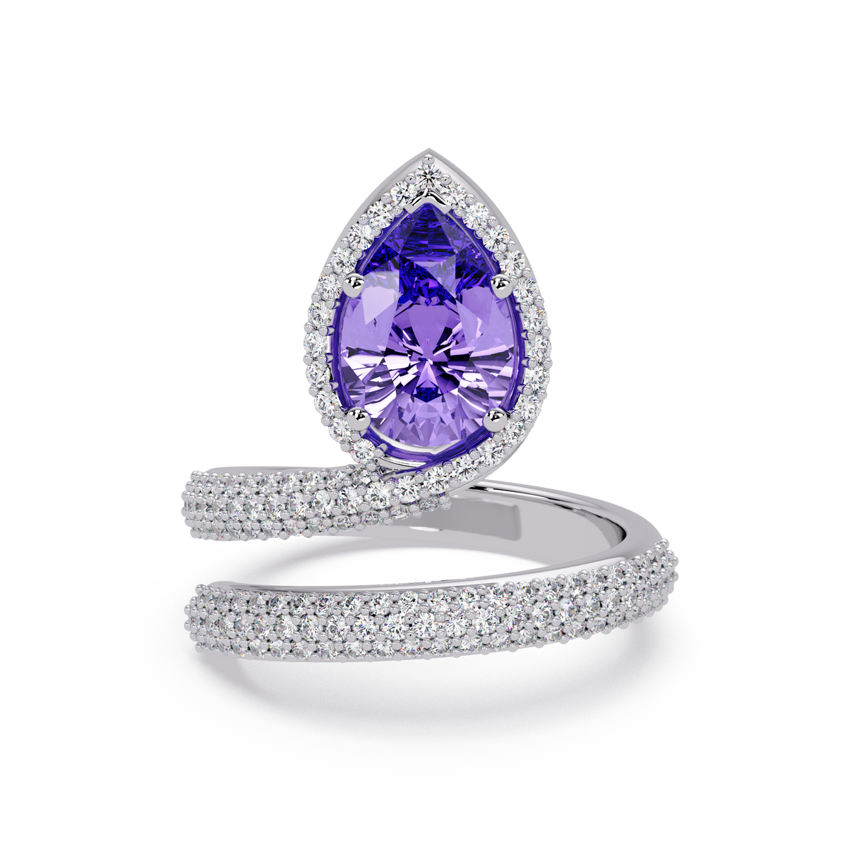 1.8 CTW Pear Halo Pavé Wrap Colorstone Ring with Amethyst Purple stone in 14K White Gold – Lunéa Paris