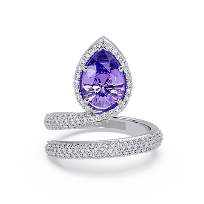 1.8 CTW Pear Halo Pavé Wrap Colorstone Ring with Amethyst Purple stone in 14K White Gold – Lunéa Paris