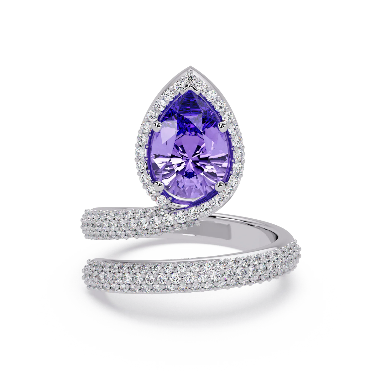 1.8 CTW Pear Halo Pavé Wrap Colorstone Ring with Amethyst Purple stone in 14K White Gold – Lunéa Paris