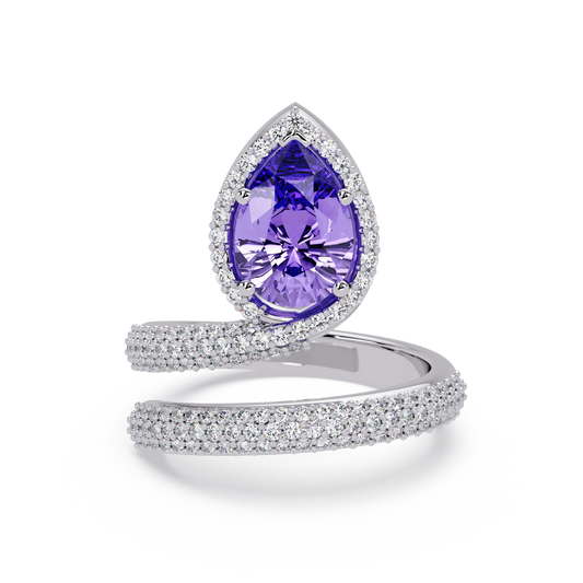 1.8 CTW Pear Halo Pavé Wrap Colorstone Ring with Amethyst Purple stone in 14K White Gold – Lunéa Paris