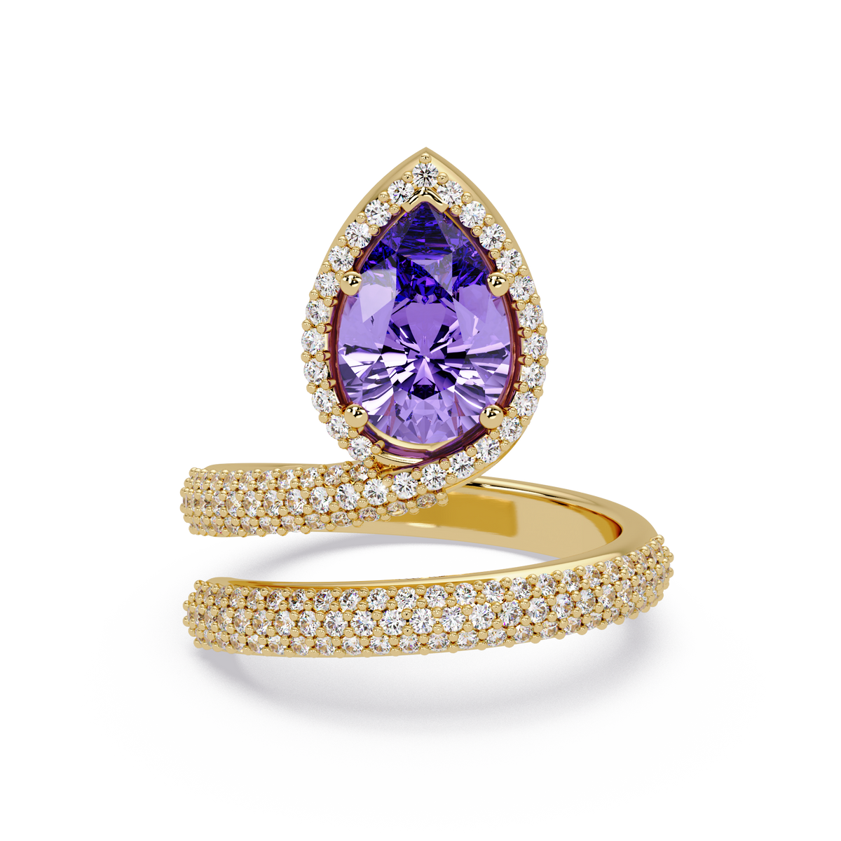 1.8 CTW Pear Halo Pavé Wrap Colorstone Ring with Amethyst Purple stone in 14K Yellow Gold – Lunéa Paris