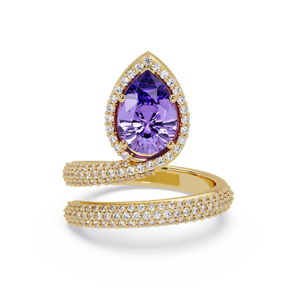 1.8 CTW Pear Halo Pavé Wrap Colorstone Ring with Amethyst Purple stone in 14K Yellow Gold – Lunéa Paris