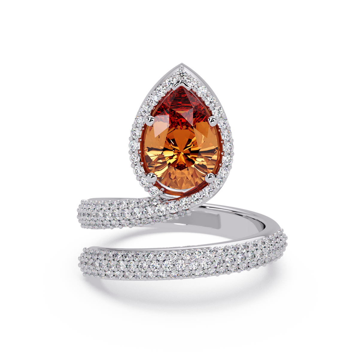 1.8 CTW Pear Halo Pavé Wrap Colorstone Ring with Champagne Topaz stone in 14K White Gold – Lunéa Paris