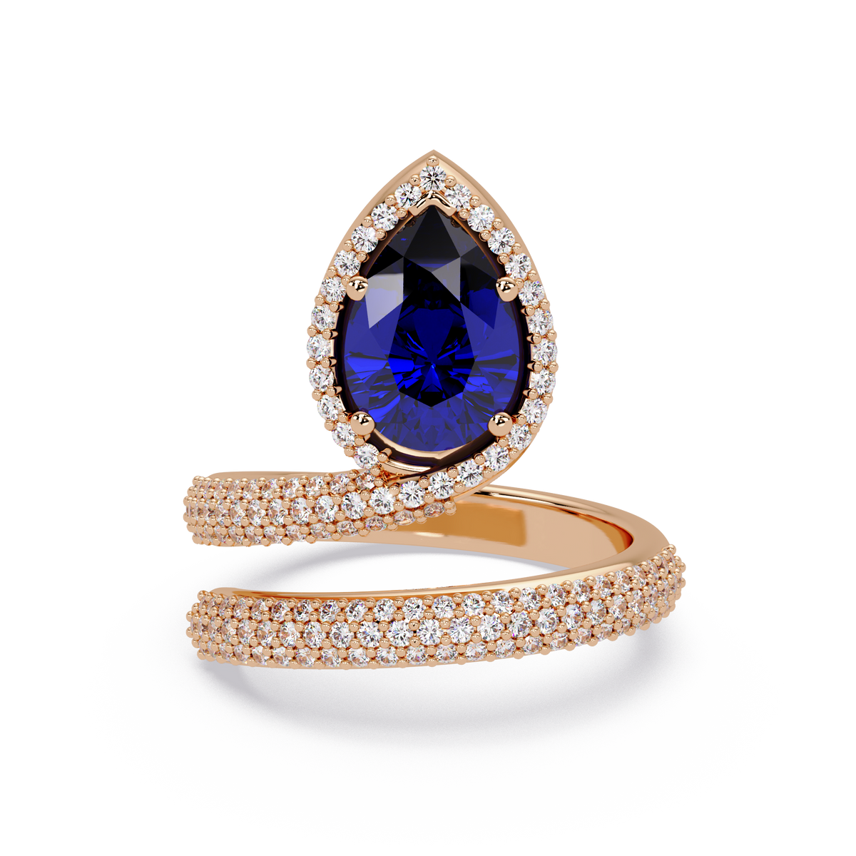 1.8 CTW Pear Halo Pavé Wrap Colorstone Ring with Sapphire Blue stone in 14K Rose Gold – Lunéa Paris