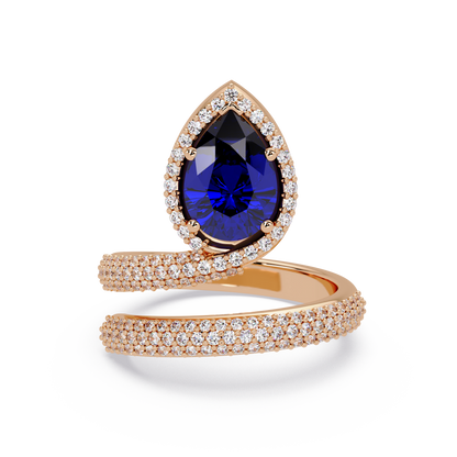 1.8 CTW Pear Halo Pavé Wrap Colorstone Ring with Sapphire Blue stone in 14K Rose Gold – Lunéa Paris