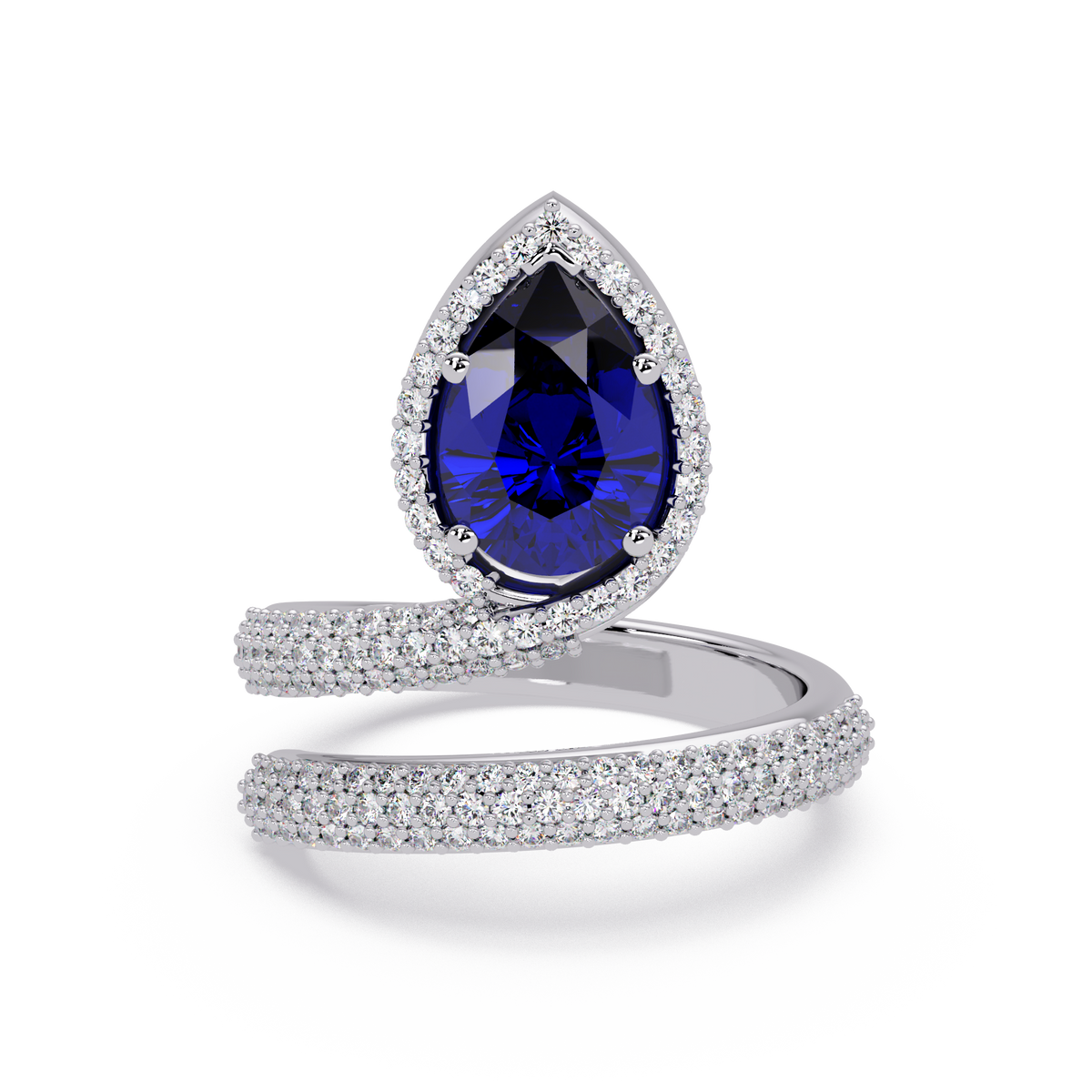 1.8 CTW Pear Halo Pavé Wrap Colorstone Ring with Sapphire Blue stone in 14K White Gold – Lunéa Paris