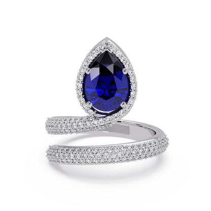 1.8 CTW Pear Halo Pavé Wrap Colorstone Ring with Sapphire Blue stone in 14K White Gold – Lunéa Paris