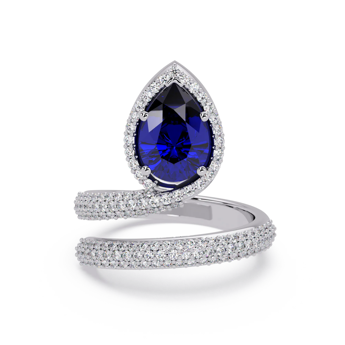 1.8 CTW Pear Halo Pavé Wrap Colorstone Ring with Sapphire Blue stone in 14K White Gold – Lunéa Paris