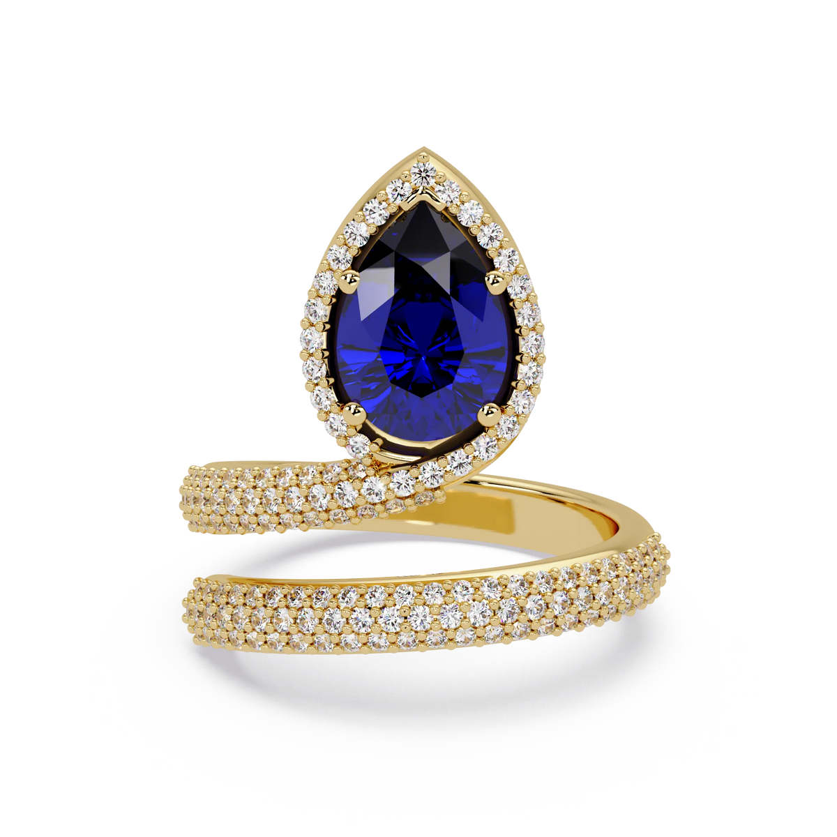 1.8 CTW Pear Halo Pavé Wrap Colorstone Ring with Sapphire Blue stone in 14K Yellow Gold – Lunéa Paris