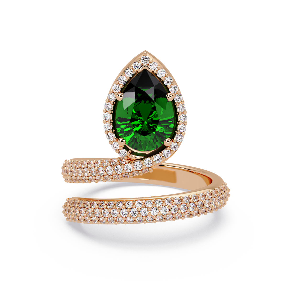 1.8 CTW Pear Halo Pavé Wrap Colorstone Ring with Emerald Green stone in 14K Rose Gold – Lunéa Paris