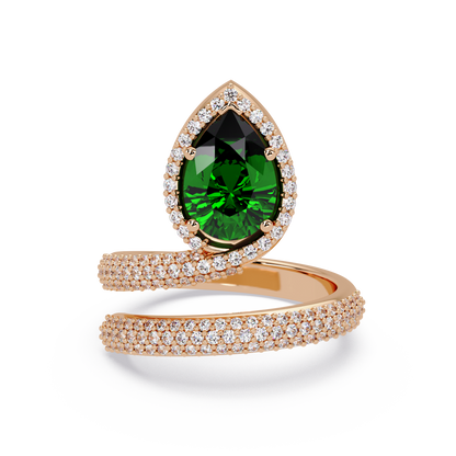 1.8 CTW Pear Halo Pavé Wrap Colorstone Ring with Emerald Green stone in 14K Rose Gold – Lunéa Paris
