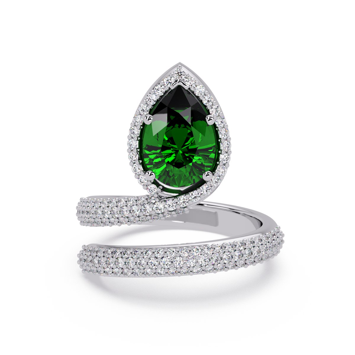 1.8 CTW Pear Halo Pavé Wrap Colorstone Ring with Emerald Green stone in 14K White Gold – Lunéa Paris