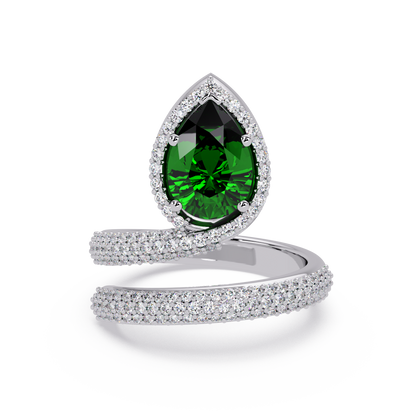 1.8 CTW Pear Halo Pavé Wrap Colorstone Ring with Emerald Green stone in 14K White Gold – Lunéa Paris