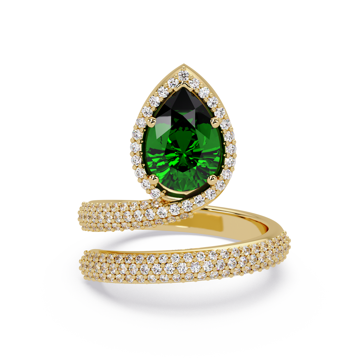 1.8 CTW Pear Halo Pavé Wrap Colorstone Ring with Emerald Green stone in 14K Yellow Gold – Lunéa Paris