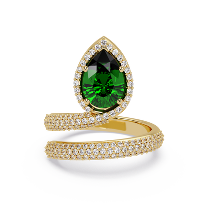 1.8 CTW Pear Halo Pavé Wrap Colorstone Ring with Emerald Green stone in 14K Yellow Gold – Lunéa Paris