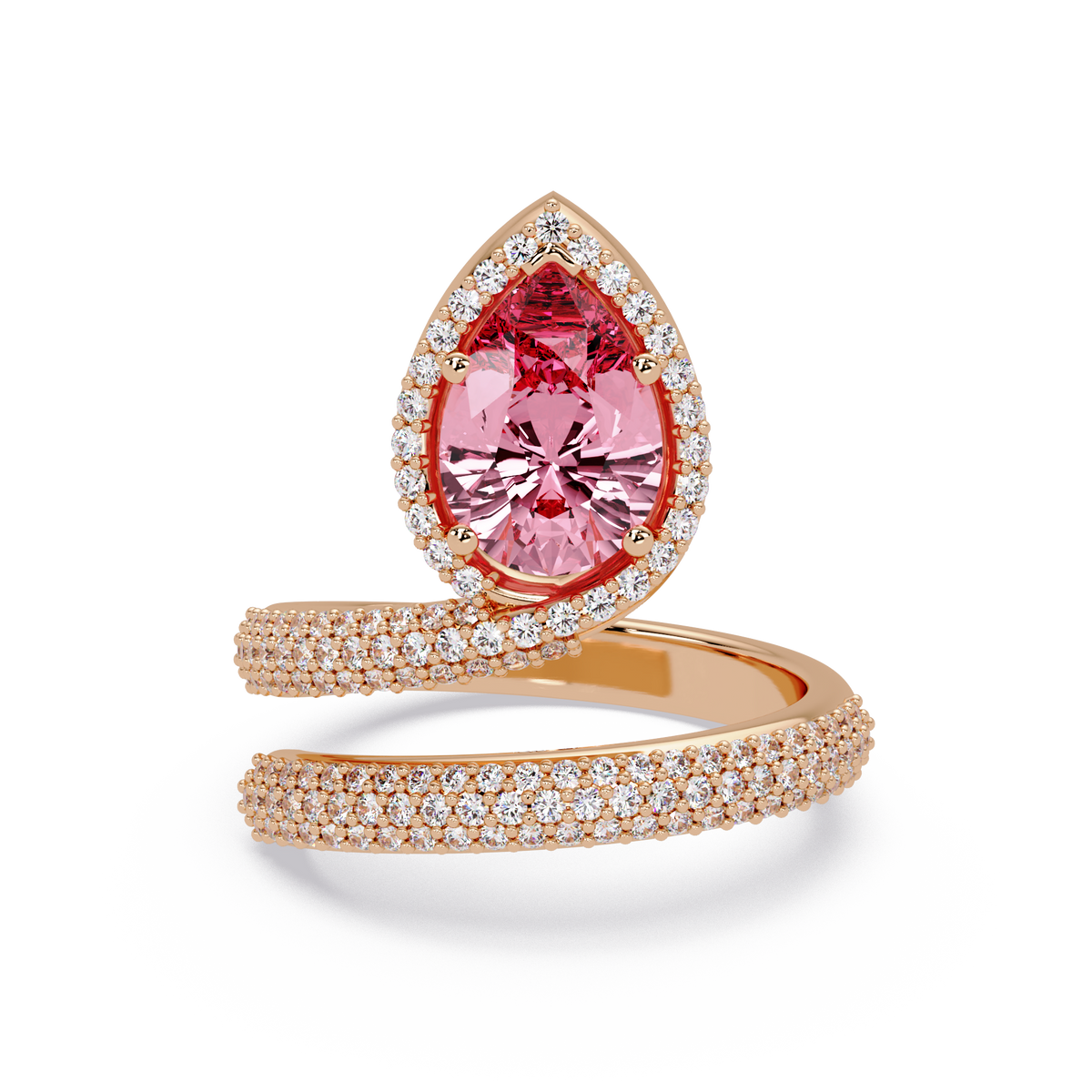 1.8 CTW Pear Halo Pavé Wrap Colorstone Ring with Tourmaline Pink stone in 14K Rose Gold – Lunéa Paris