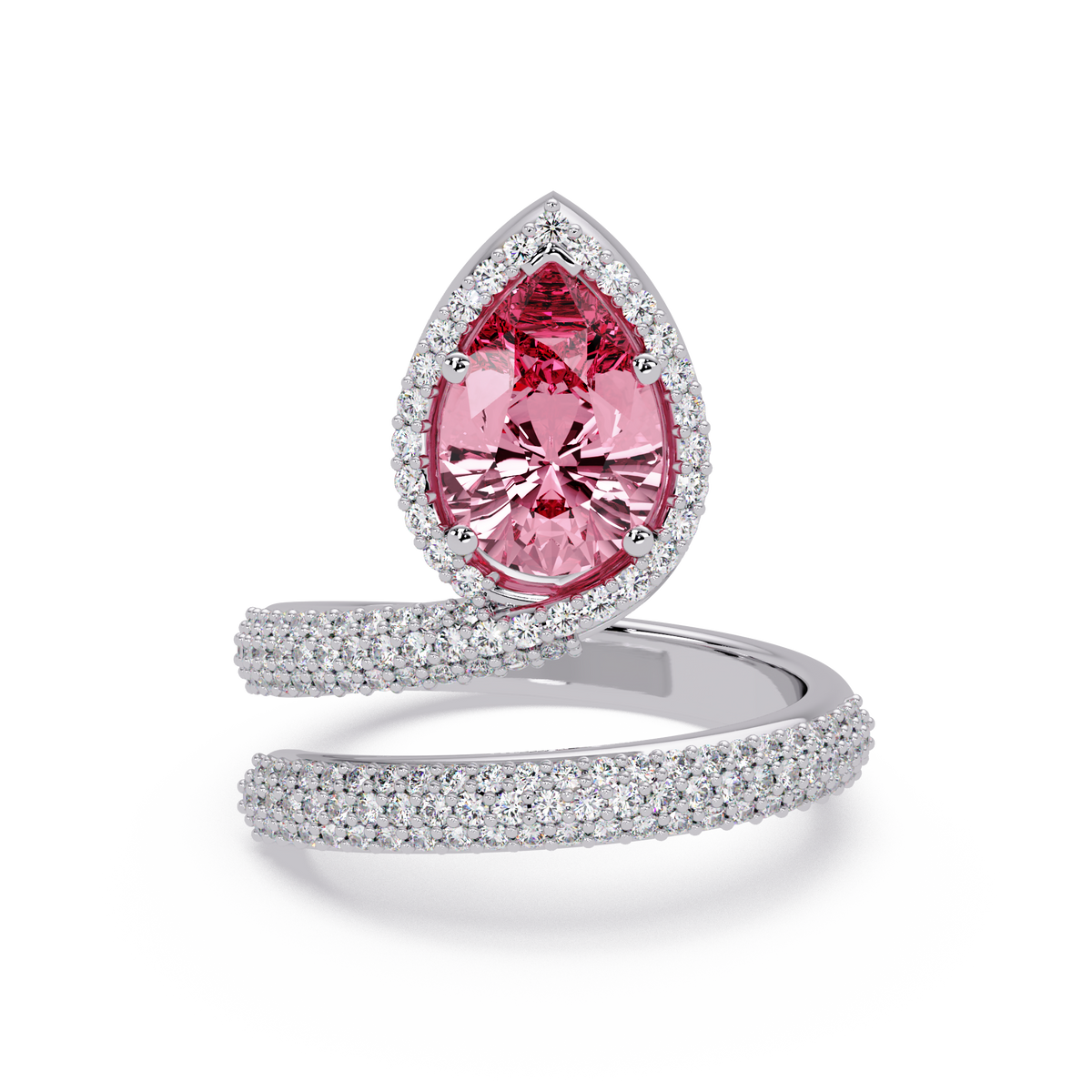 1.8 CTW Pear Halo Pavé Wrap Colorstone Ring with Tourmaline Pink stone in 14K White Gold – Lunéa Paris