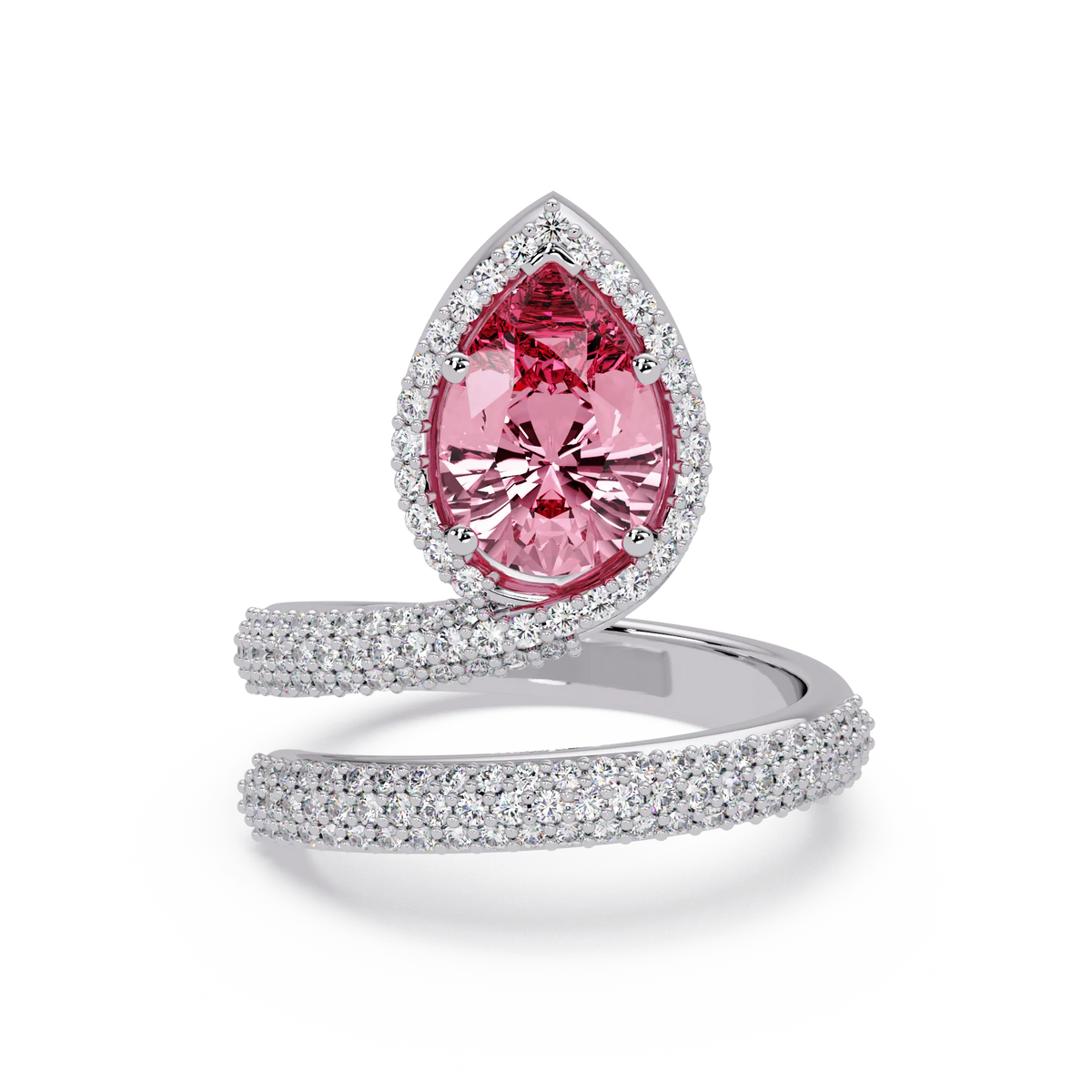 1.8 CTW Pear Halo Pavé Wrap Colorstone Ring with Tourmaline Pink stone in 14K White Gold – Lunéa Paris