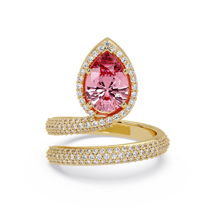 1.8 CTW Pear Halo Pavé Wrap Colorstone Ring with Tourmaline Pink stone in 14K Yellow Gold – Lunéa Paris