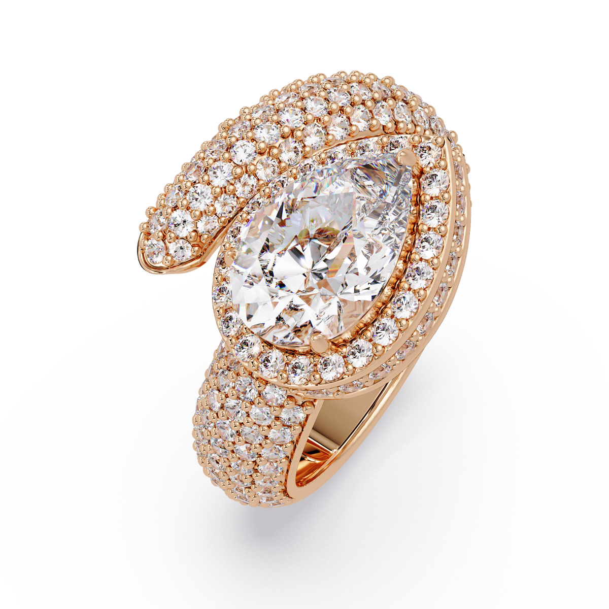 3 CTW Pear-Cut Halo Pavé Bypass Ring