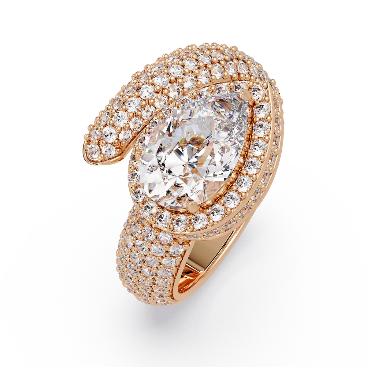 3.0 CTW pear-cut halo pavé bypass colorstone ring detail view with a pear center and round pavé accents.