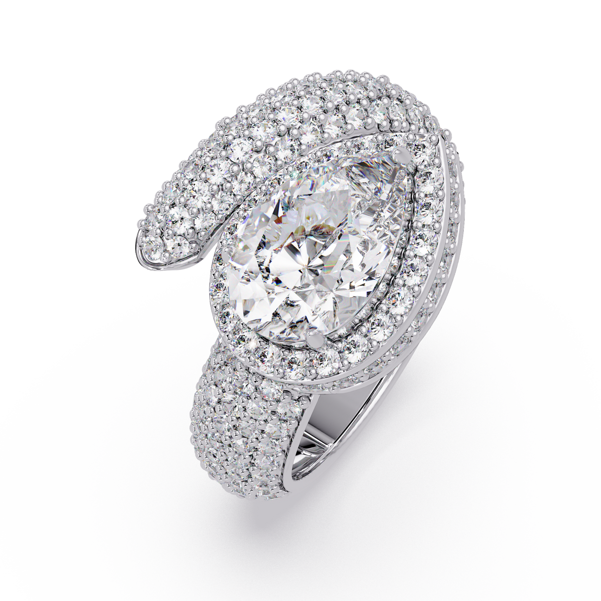 3 CTW Pear-Cut Halo Pavé Bypass Ring