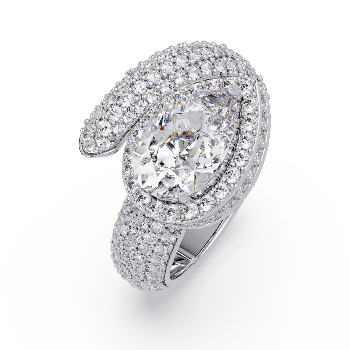 3.0 CTW pear-cut halo pavé bypass colorstone ring detail view with a pear center and round pavé accents.