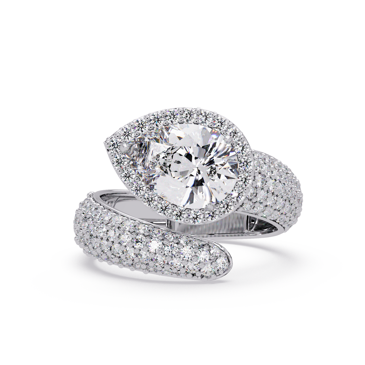 3 CTW Pear-Cut Halo Pavé Bypass Ring