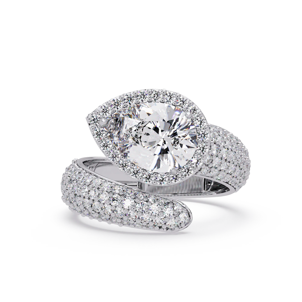 3.0 CTW pear-cut halo pavé bypass colorstone ring detail view with a pear center and round pavé accents.