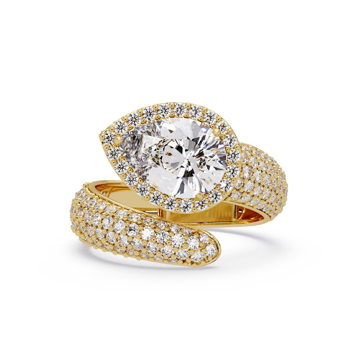 3.0 CTW pear-cut halo pavé bypass colorstone ring detail view with a pear center and round pavé accents.