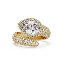 3.0 CTW pear-cut halo pavé bypass colorstone ring detail view with a pear center and round pavé accents.