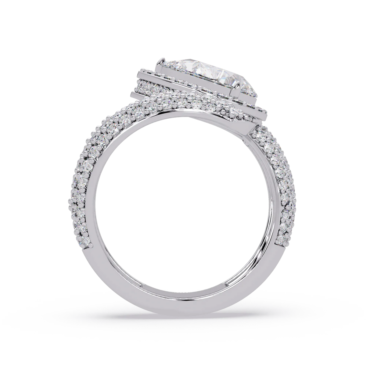 3.0 CTW pear-cut halo pavé bypass colorstone ring detail view with a pear center and round pavé accents.