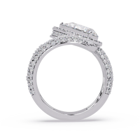 3.0 CTW pear-cut halo pavé bypass colorstone ring detail view with a pear center and round pavé accents.