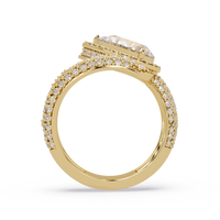 3.0 CTW pear-cut halo pavé bypass colorstone ring detail view with a pear center and round pavé accents.