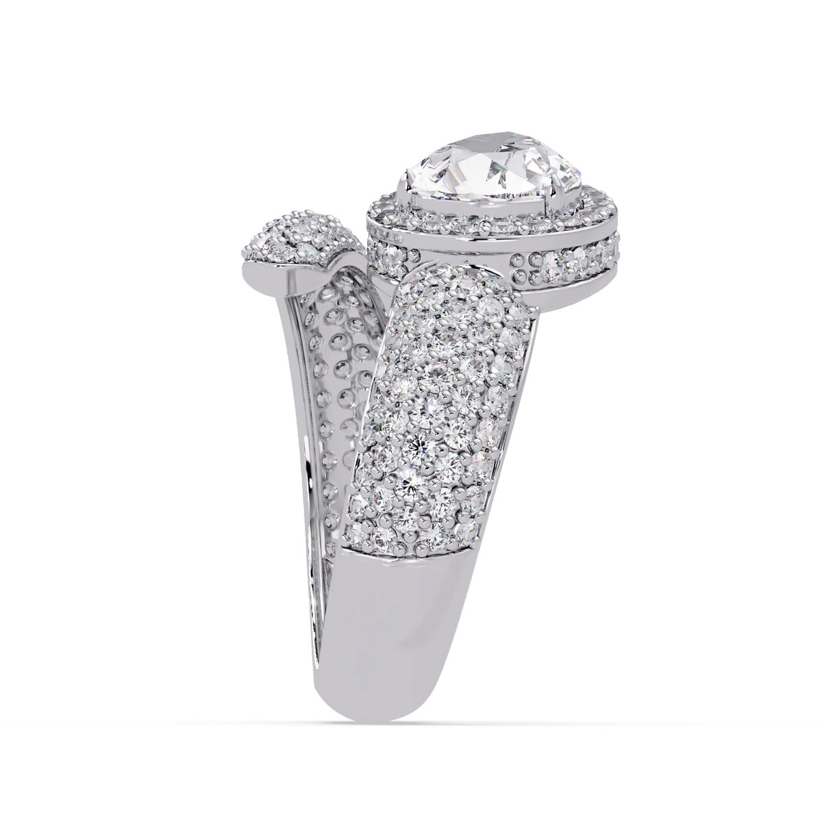 3.0 CTW pear-cut halo pavé bypass colorstone ring detail view with a pear center and round pavé accents.