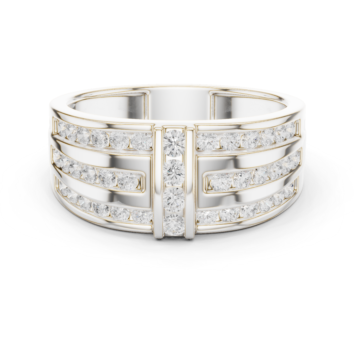 0.75 CTW Multi-Row Round Lab-Grown Diamond Wide Band with Geometric Center Detail in 14K Gold