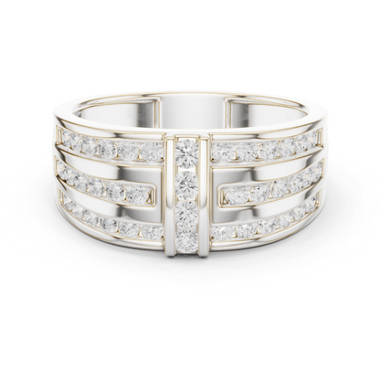 0.75 CTW Multi-Row Round Lab-Grown Diamond Wide Band with Geometric Center Detail in 14K Gold