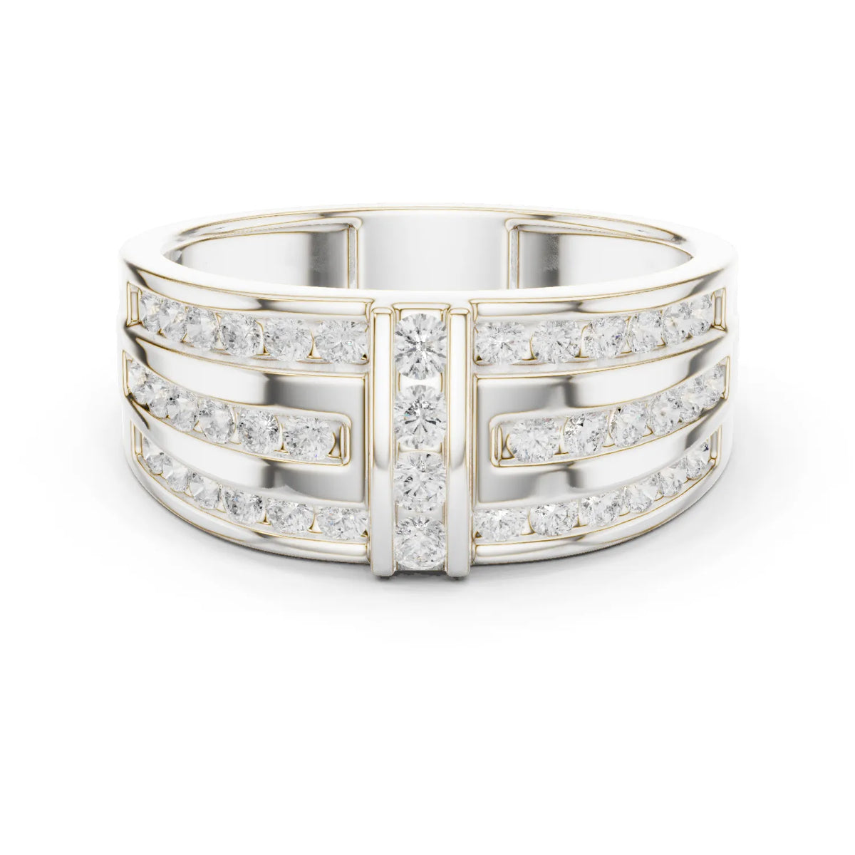 0.75 CTW Multi-Row Round Lab-Grown Diamond Wide Band with Geometric Center Detail in 14K Gold