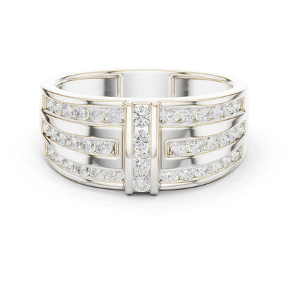 0.75 CTW Multi-Row Round Lab-Grown Diamond Wide Band with Geometric Center Detail in 14K Gold