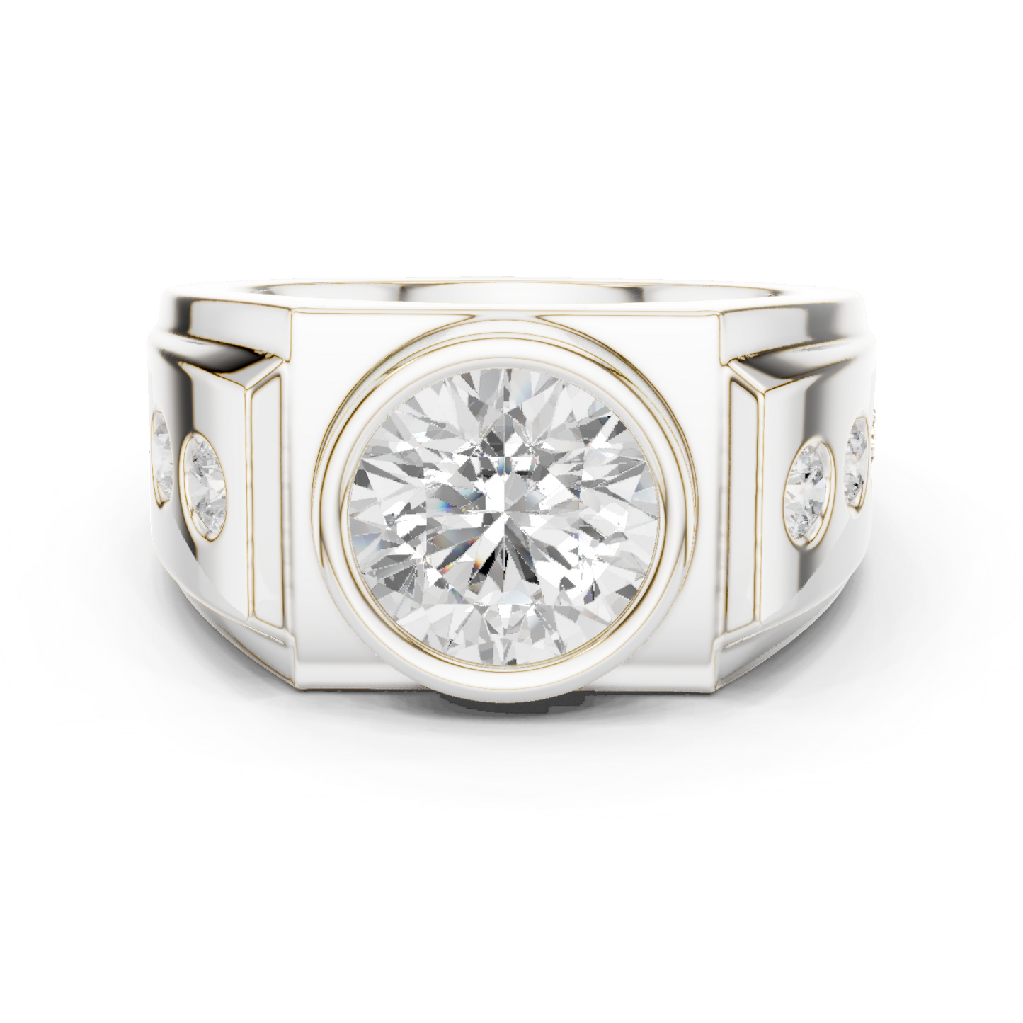 3.66 CTW Round Lab-Grown Diamond Bezel-Set Men’s Statement Ring with Side Diamonds in 14K Gold