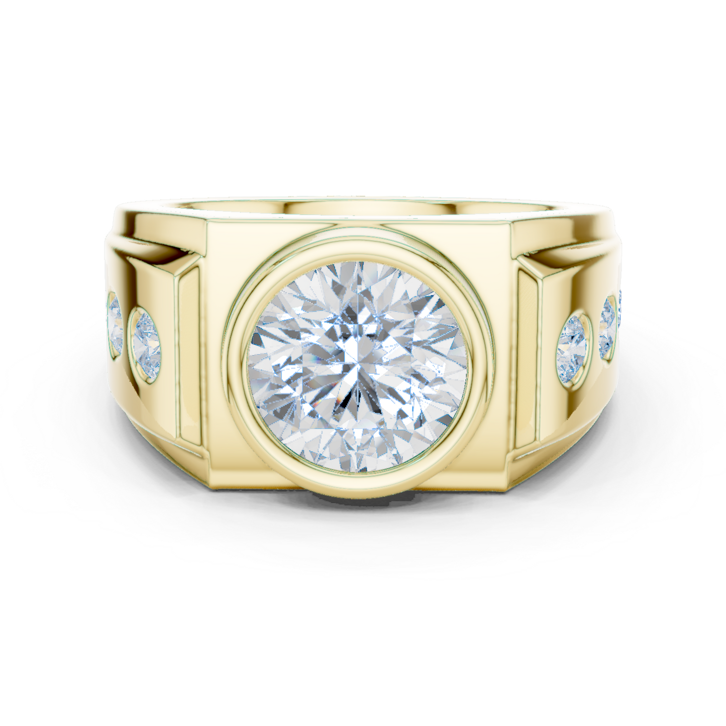 3.66 CTW Round Lab-Grown Diamond Bezel-Set Men’s Statement Ring with Side Diamonds in 14K Gold