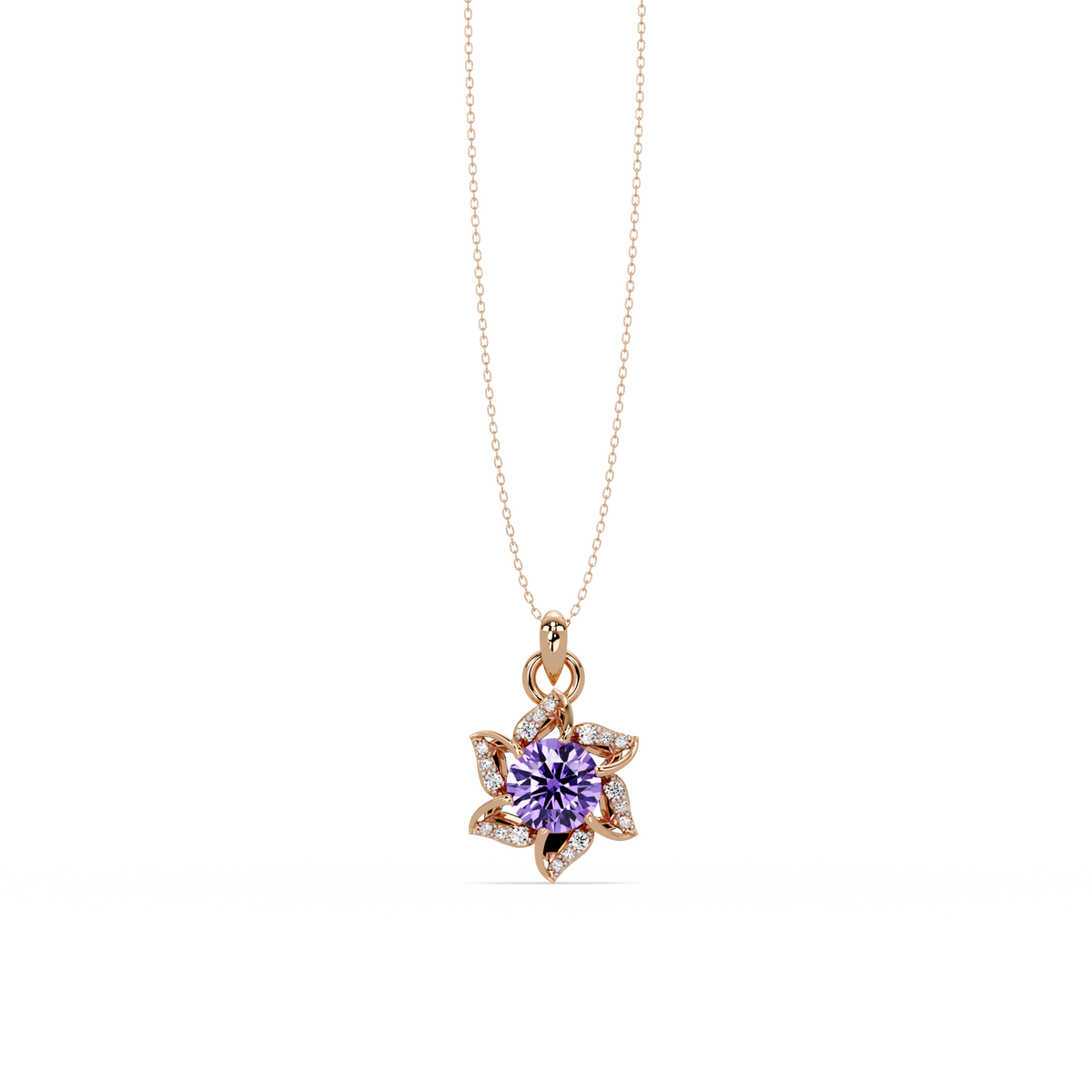 2.1 CTW Round Floral Colorstone Pendant Necklace - Amethyst Lavender - 14K Rose Gold