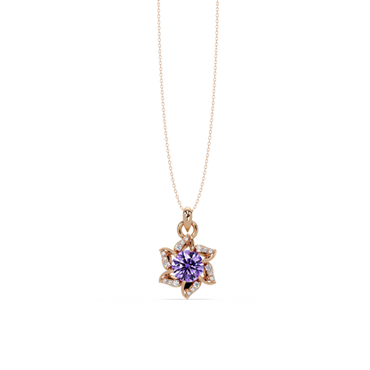 2.1 CTW Round Floral Colorstone Pendant Necklace - Amethyst Lavender - 14K Rose Gold